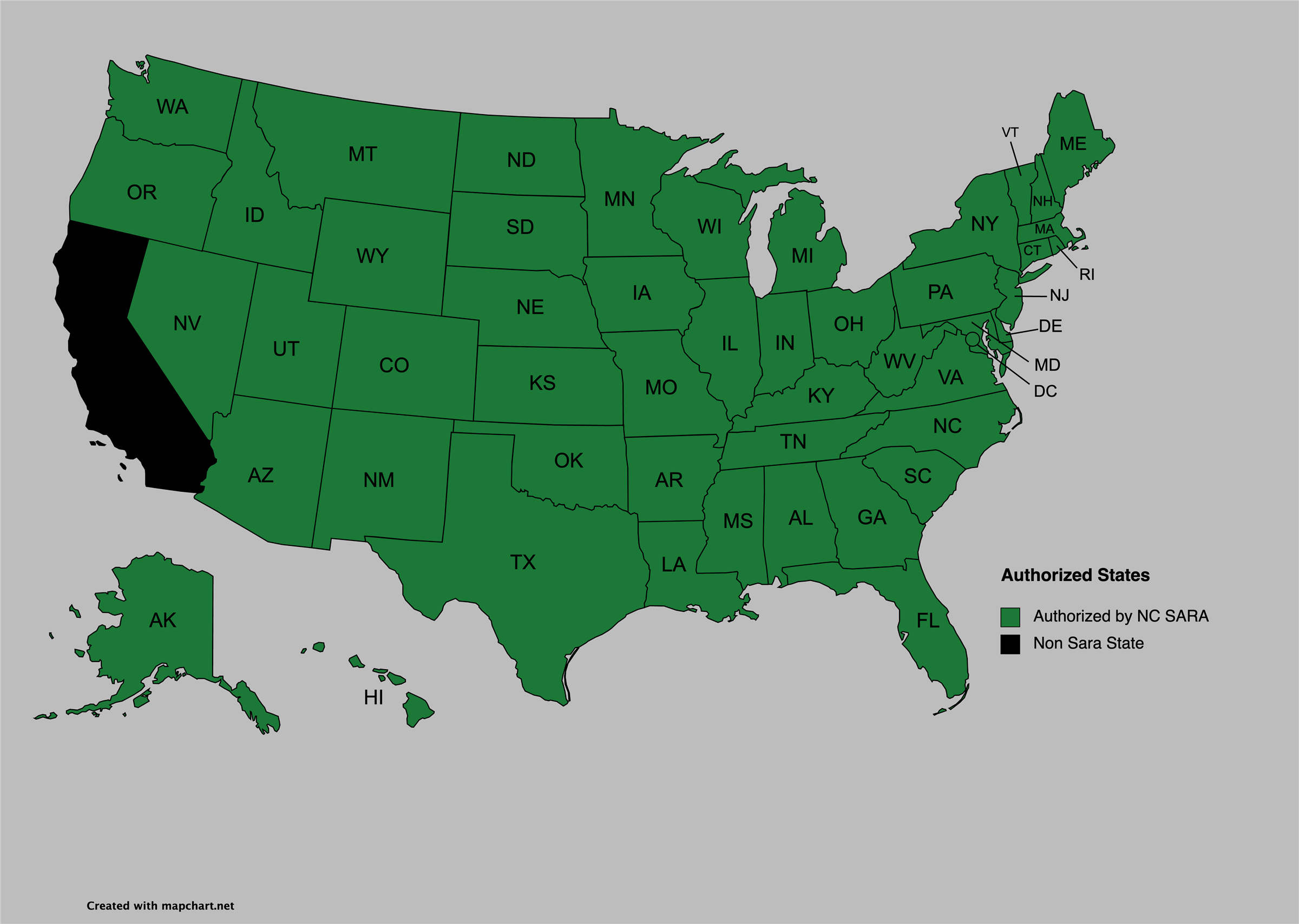 Map of authorize states. All colored green except Califormia.